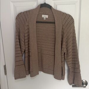 Lucky brand tan loose knit/crochet open front cardigan size extra small